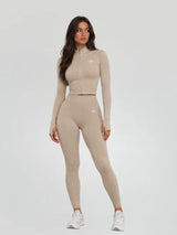 ENSEMBLE FITNESS FEMME BEIGE — Vue 1 coupe athlétique 280 GSM
